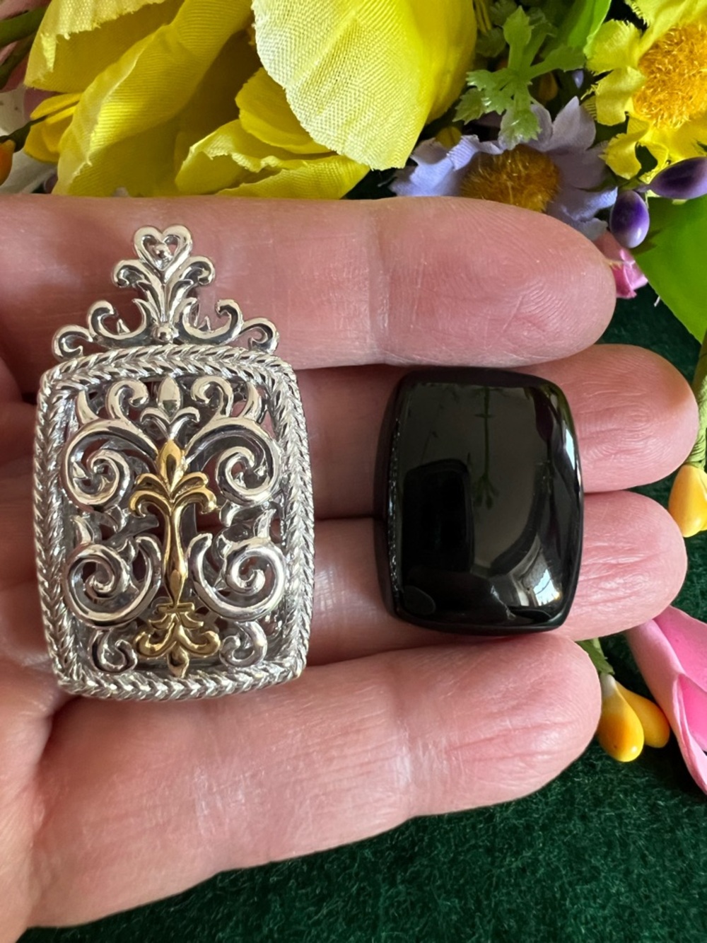 Ornate Filigree Pendant/Enhancer Silver & Gold Tones - Picture 7 of 13